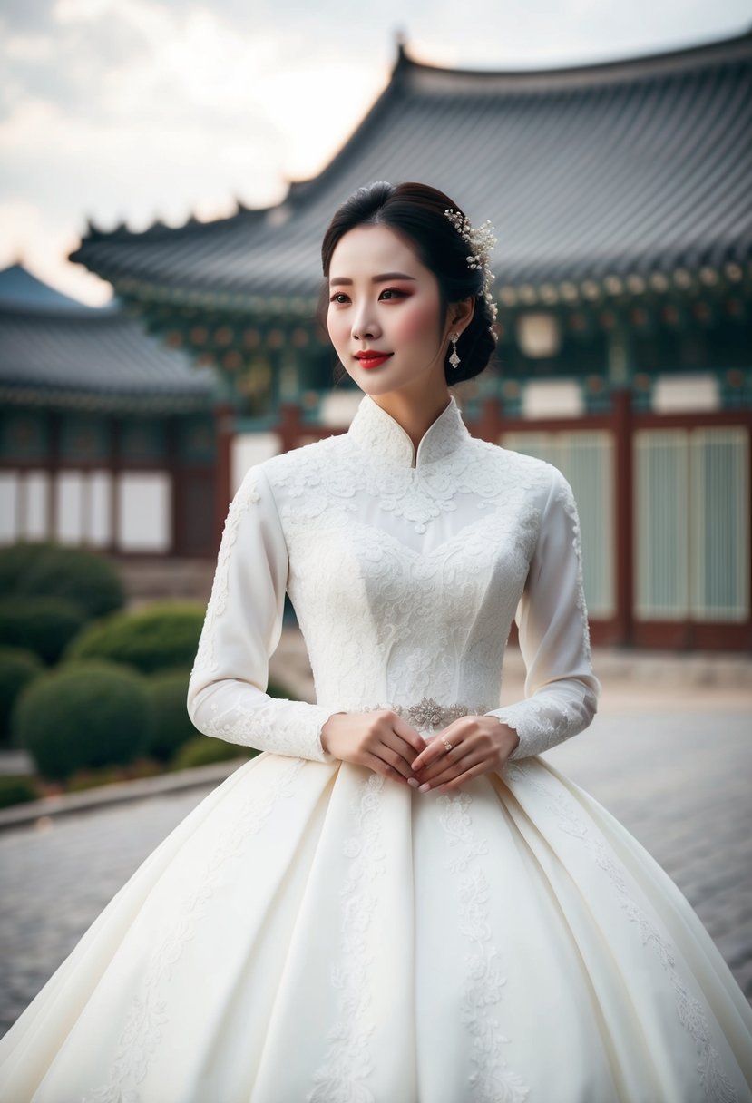 An elegant Korean wedding dress with a high neck design, adorned with intricate lace and delicate embroidery, set against a backdrop of traditional Korean architecture