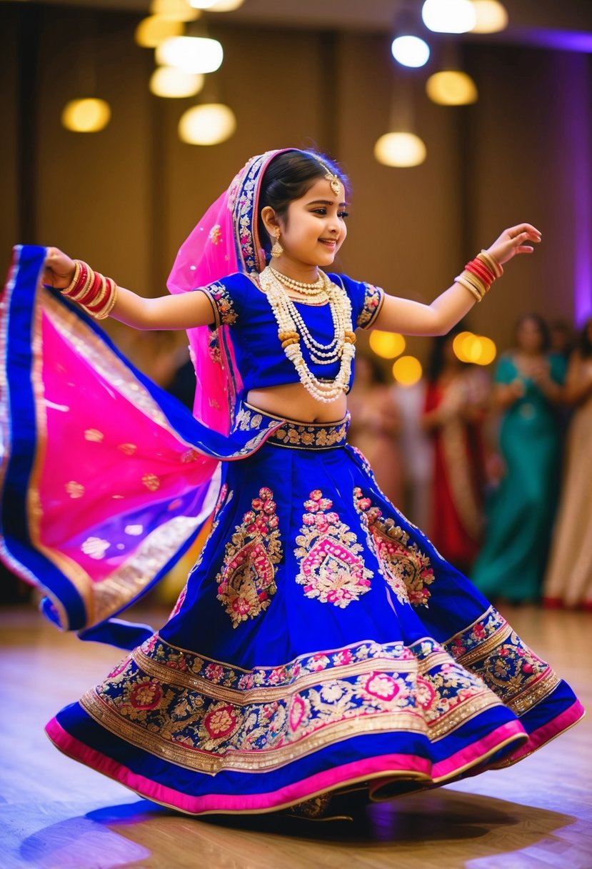 A young girl twirls in a vibrant, embroidered Lehenga Choli, the colorful fabric swirling around her as she dances at a wedding celebration