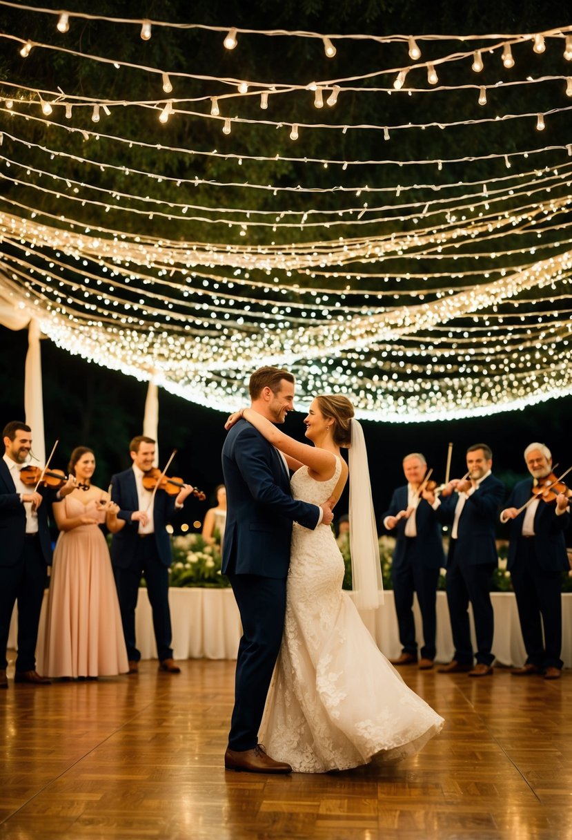 A couple dances under a canopy of twinkling lights as a string quartet plays nearby