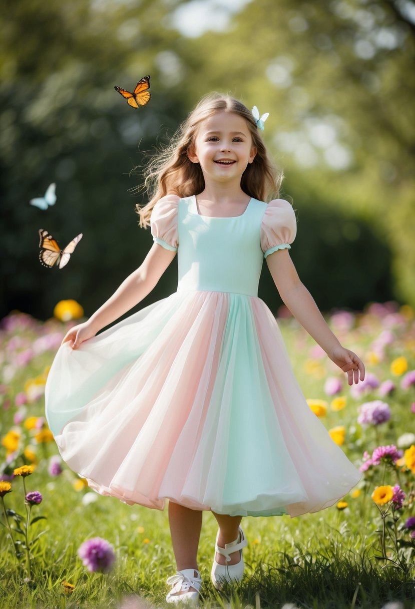 A young girl twirls in a pastel puff sleeve dress, surrounded by flowers and butterflies, with a sense of joy and innocence