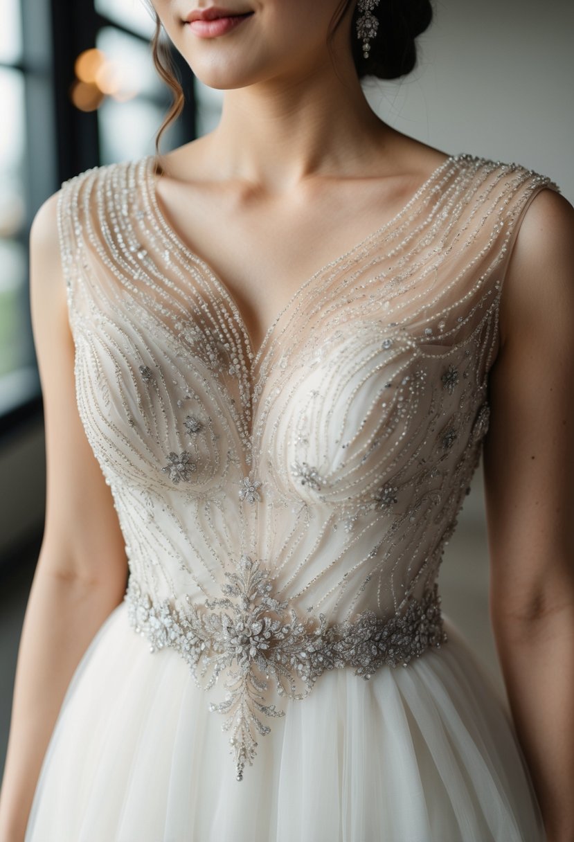 A beaded bodice in a Korean wedding dress, with intricate details and elegant design