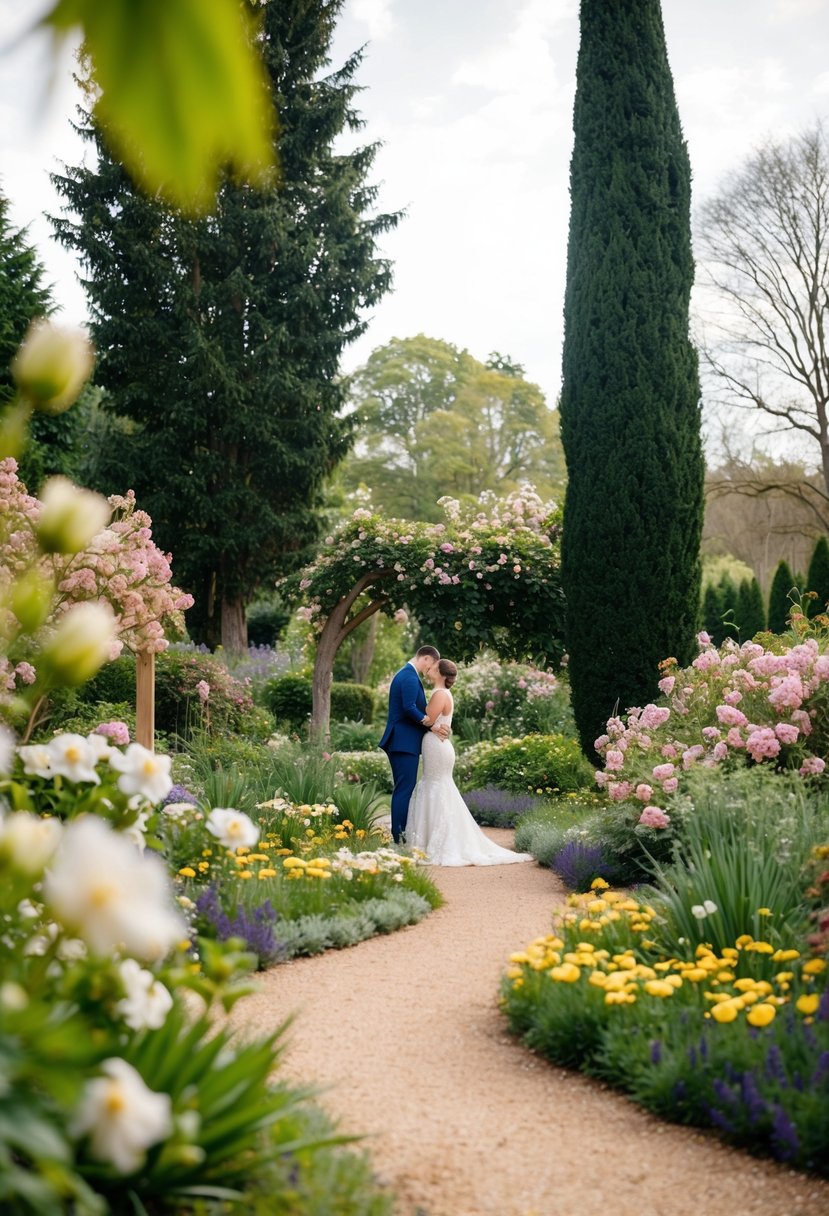 A secluded garden with a winding path, surrounded by blooming flowers and tall trees, where a couple steals a quiet moment away from their wedding festivities