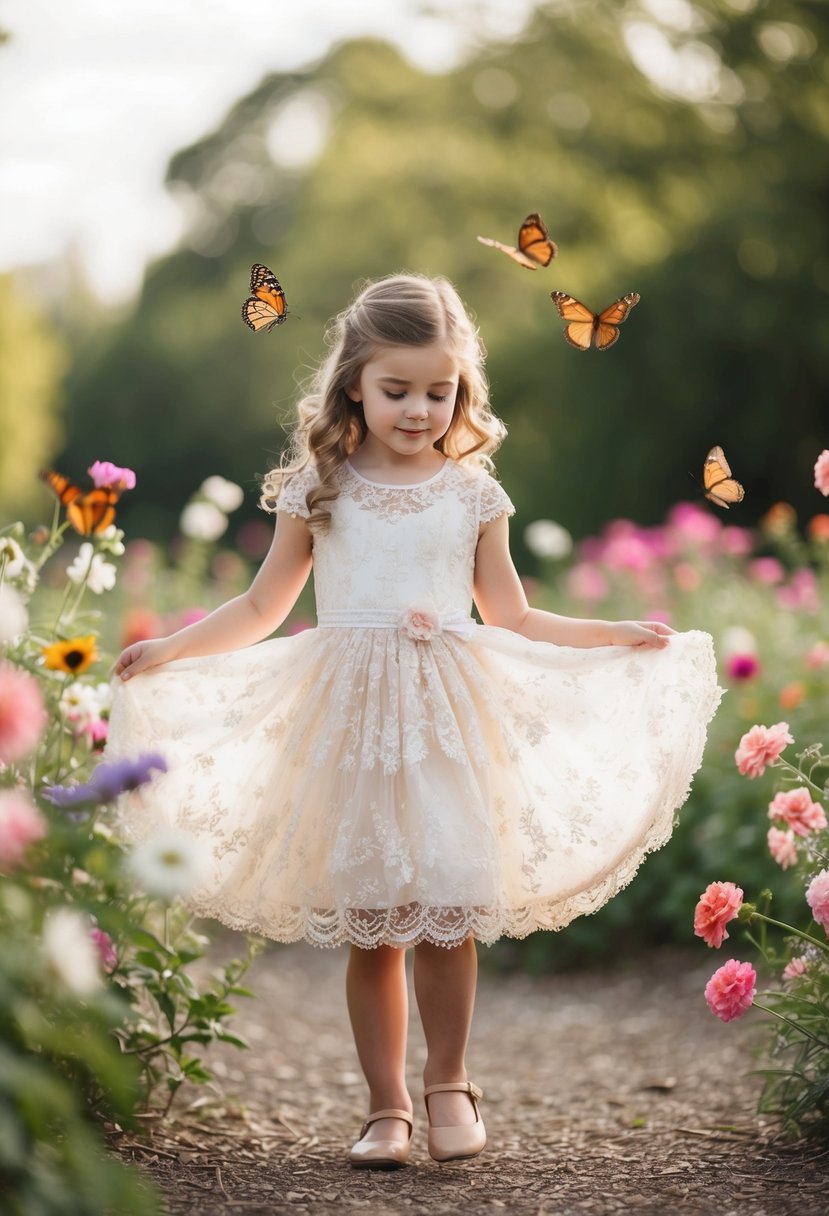 A young girl twirls in a delicate lace dress, surrounded by flowers and butterflies