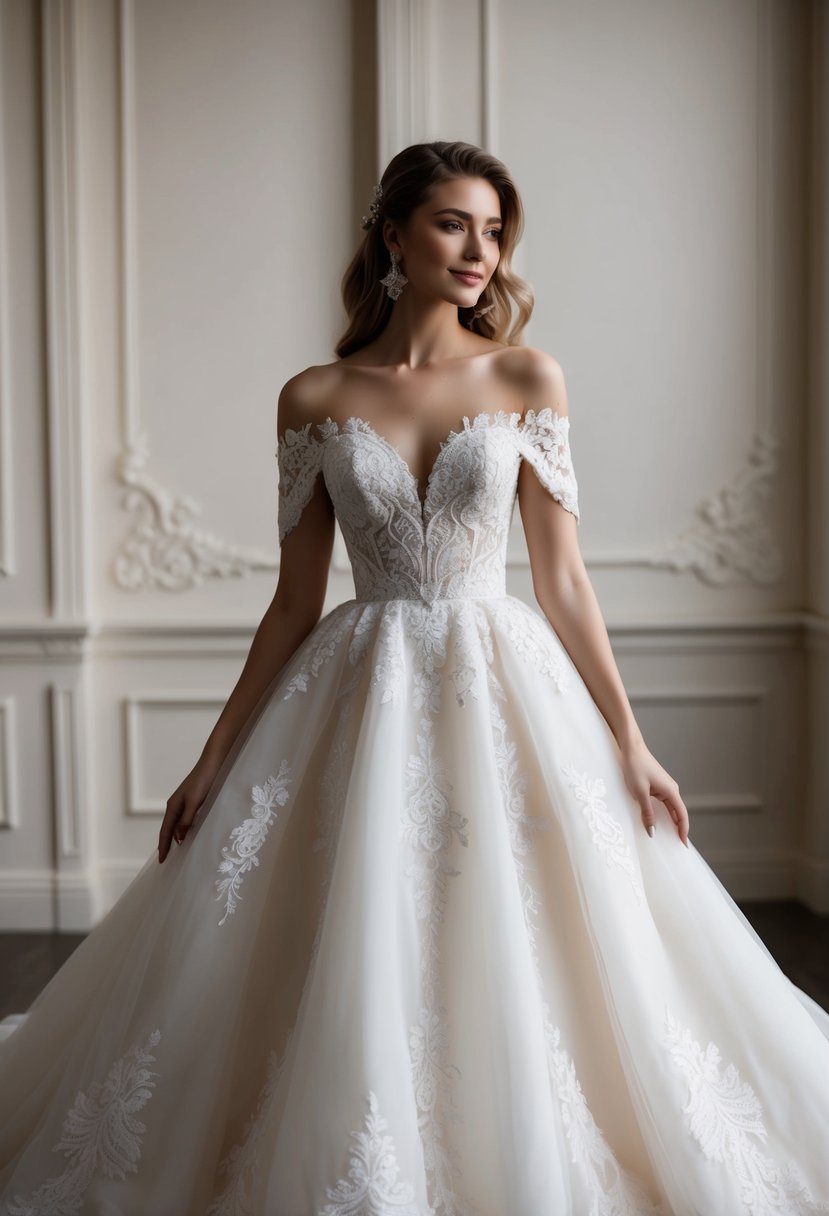 A flowing, off-the-shoulder wedding gown adorned with delicate lace and intricate embroidery. A soft, romantic color palette and graceful silhouette exude timeless elegance