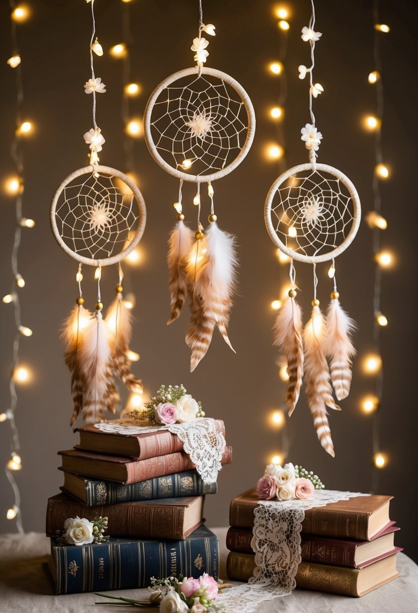 Dream catchers hang from the ceiling, intertwined with fairy lights. Vintage books are stacked on tables, adorned with delicate lace and flowers