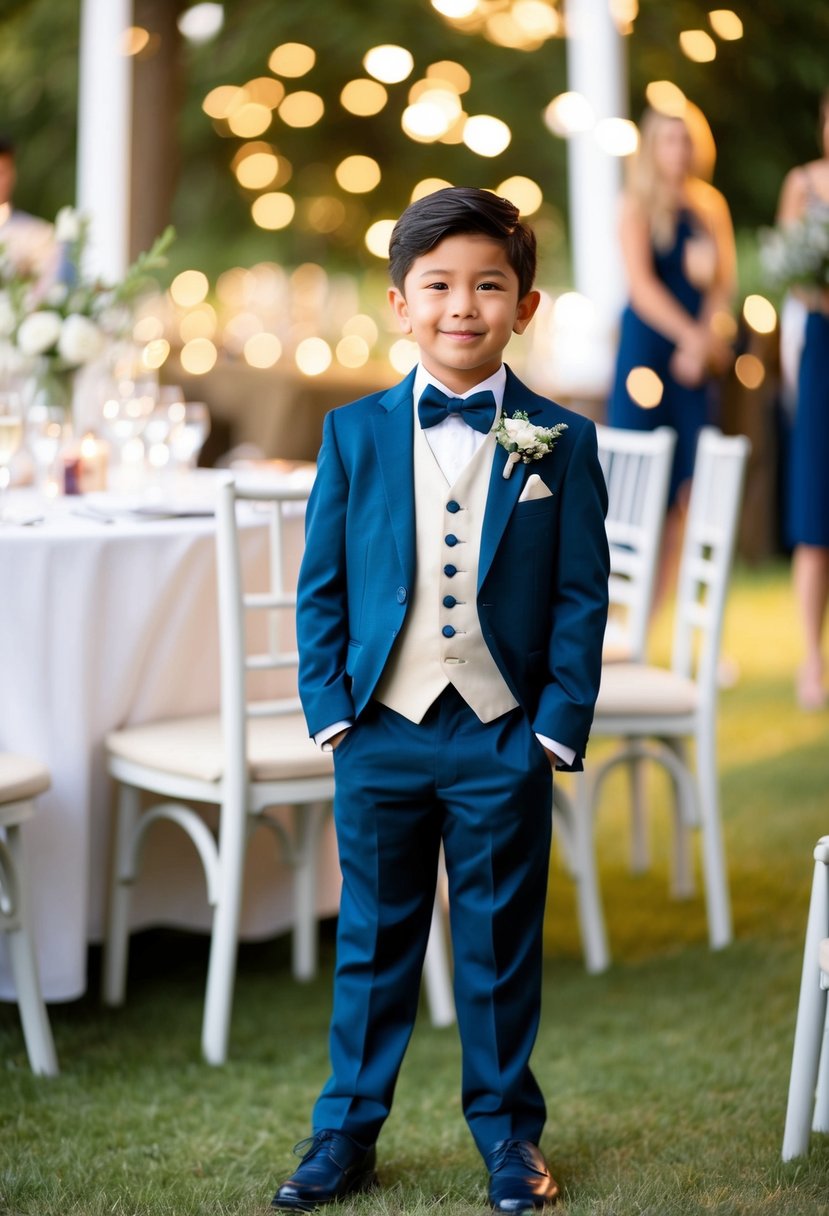 A young boy in a stylish blazer and trouser set, standing confidently at a wedding