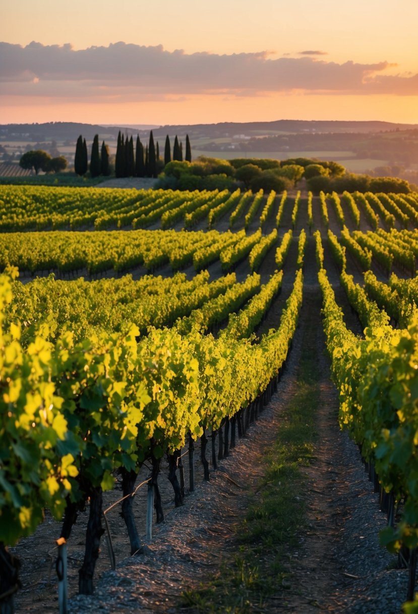 A picturesque vineyard at sunset, with rows of grapevines stretching into the distance and a charming olive grove in the background