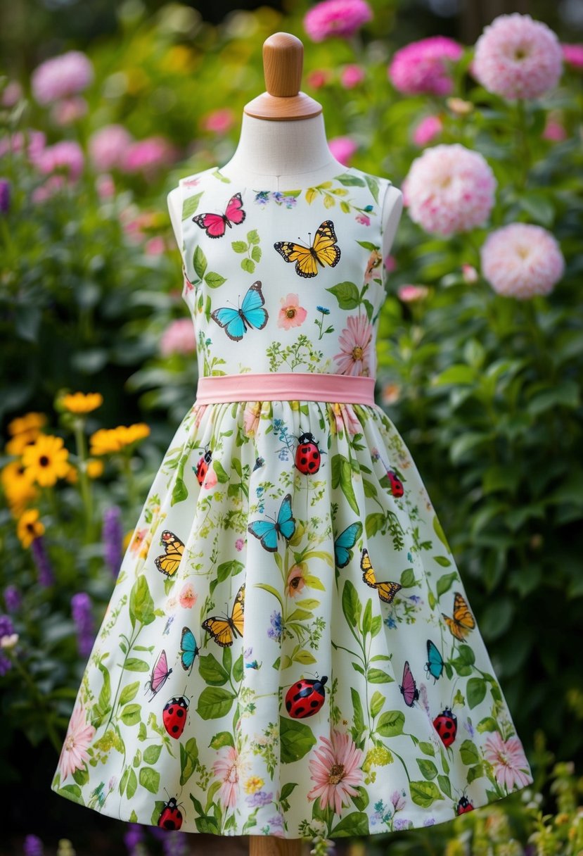 A garden-themed cap sleeve dress with floral patterns, butterflies, and ladybugs, set against a backdrop of blooming flowers and lush greenery