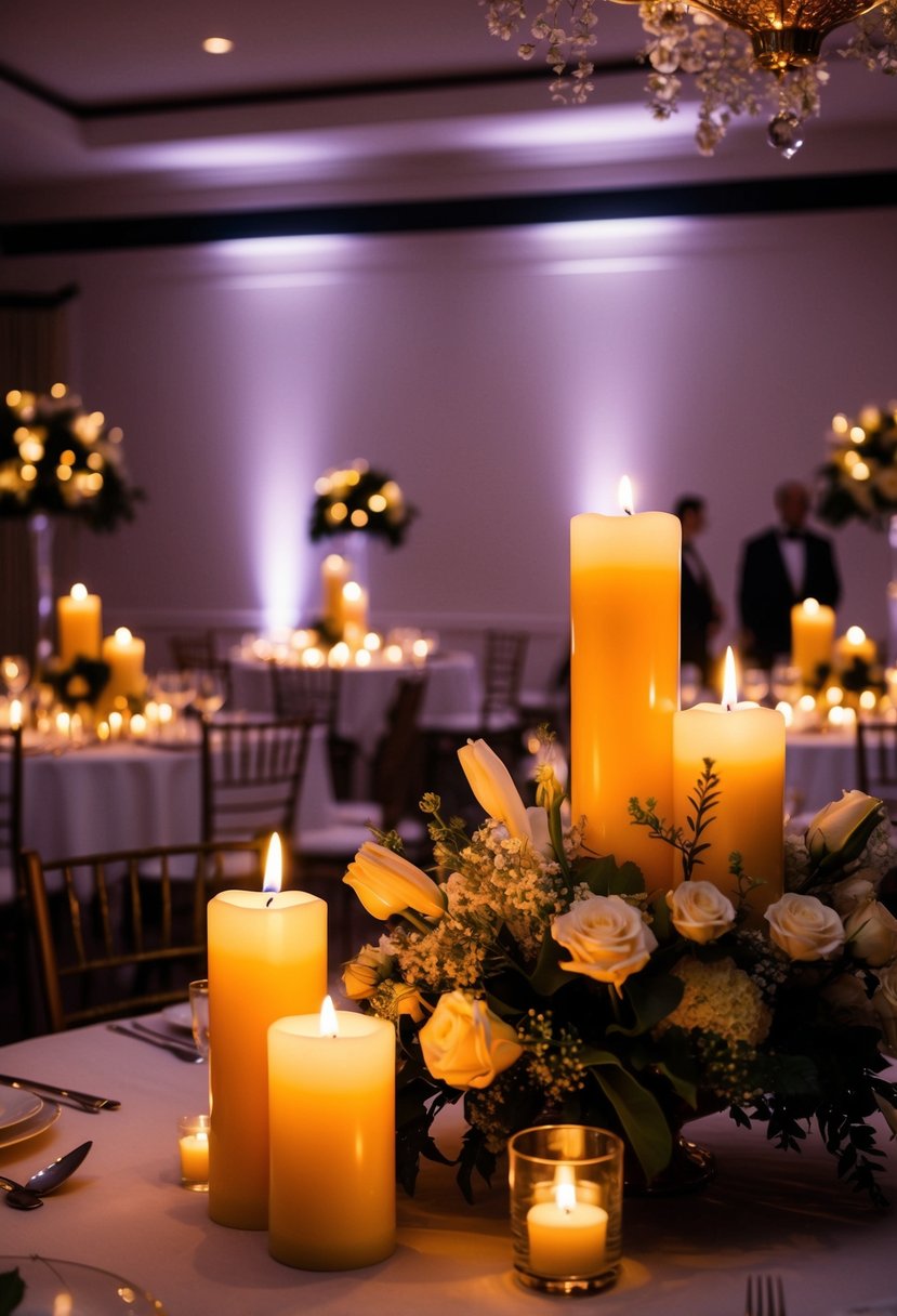 Candles flicker in the dimly lit room, casting a warm glow on the elegant decor. Uplighting highlights the floral arrangements, creating a romantic ambiance for the wedding celebration