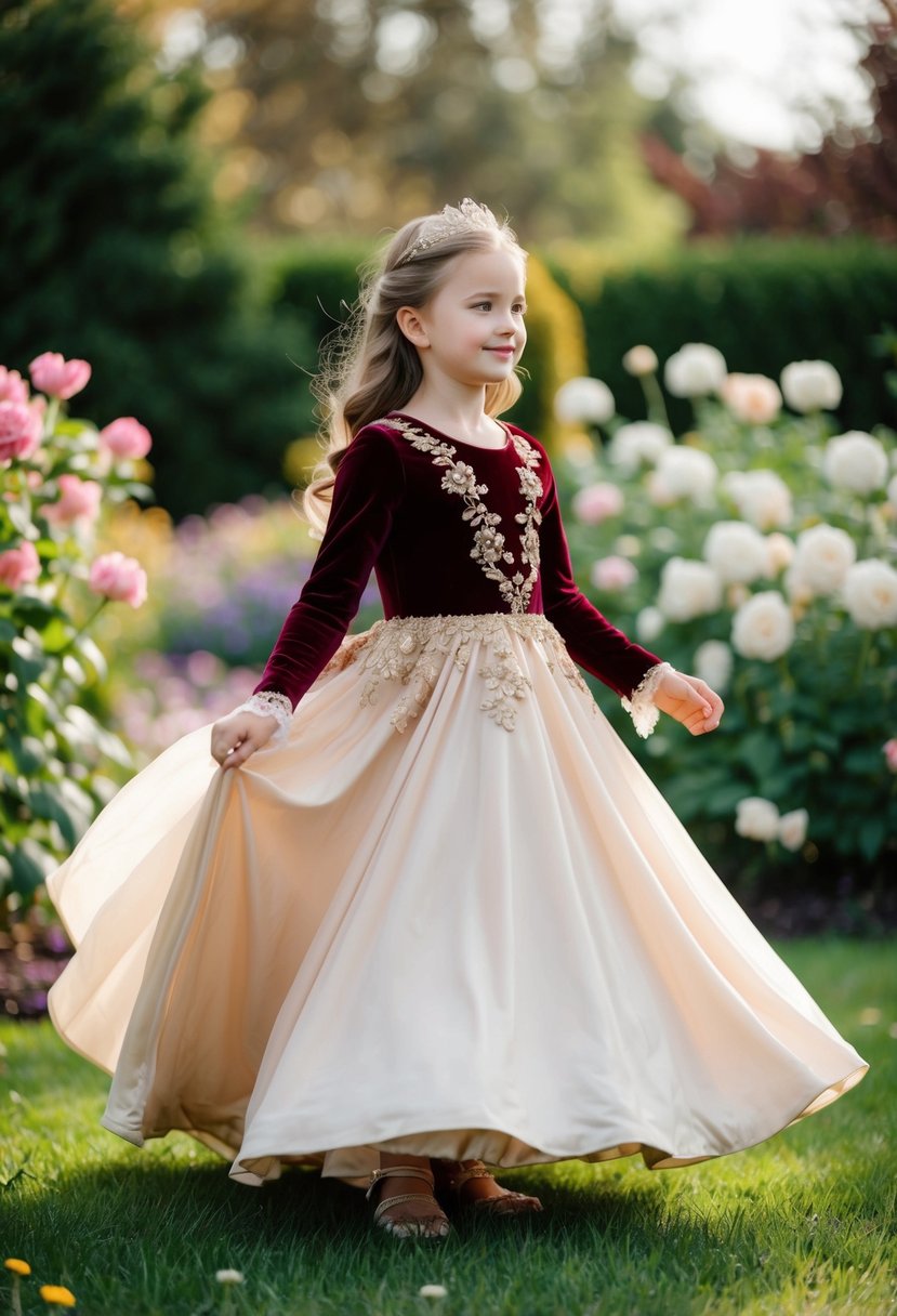 A young girl twirls in a royal velvet long dress, with a flowing skirt and delicate lace details, surrounded by a garden of blooming flowers