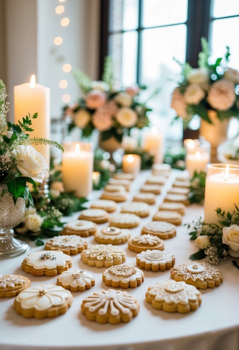 A table set with an array of intricately decorated wedding day cookies, surrounded by delicate floral arrangements and soft candlelight