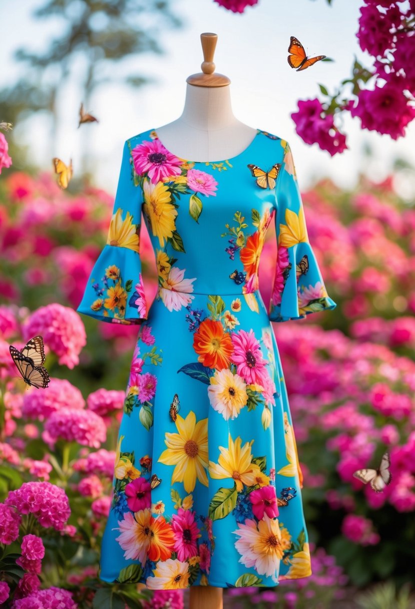 A colorful floral dress with flutter sleeves, surrounded by vibrant blooms and butterflies