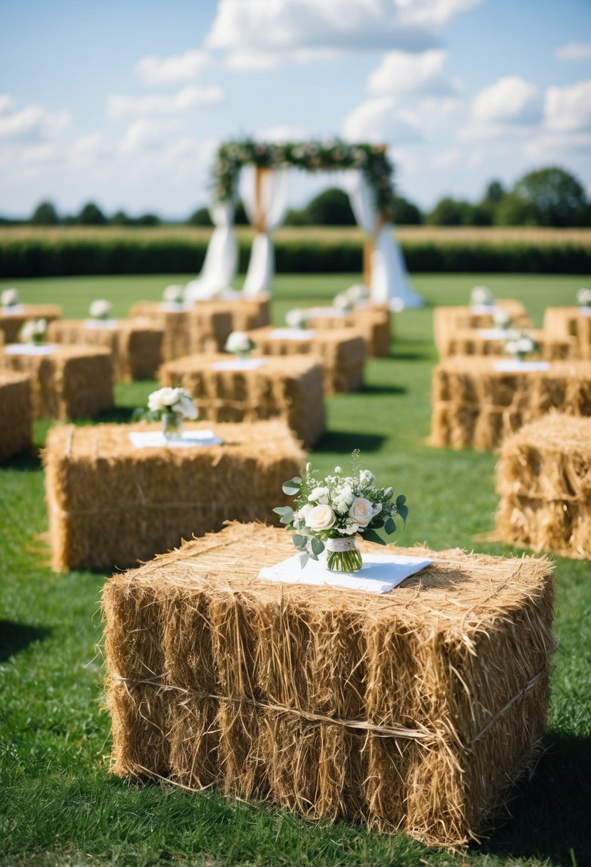 Bales of hay arranged for outdoor seating at a romantic wedding