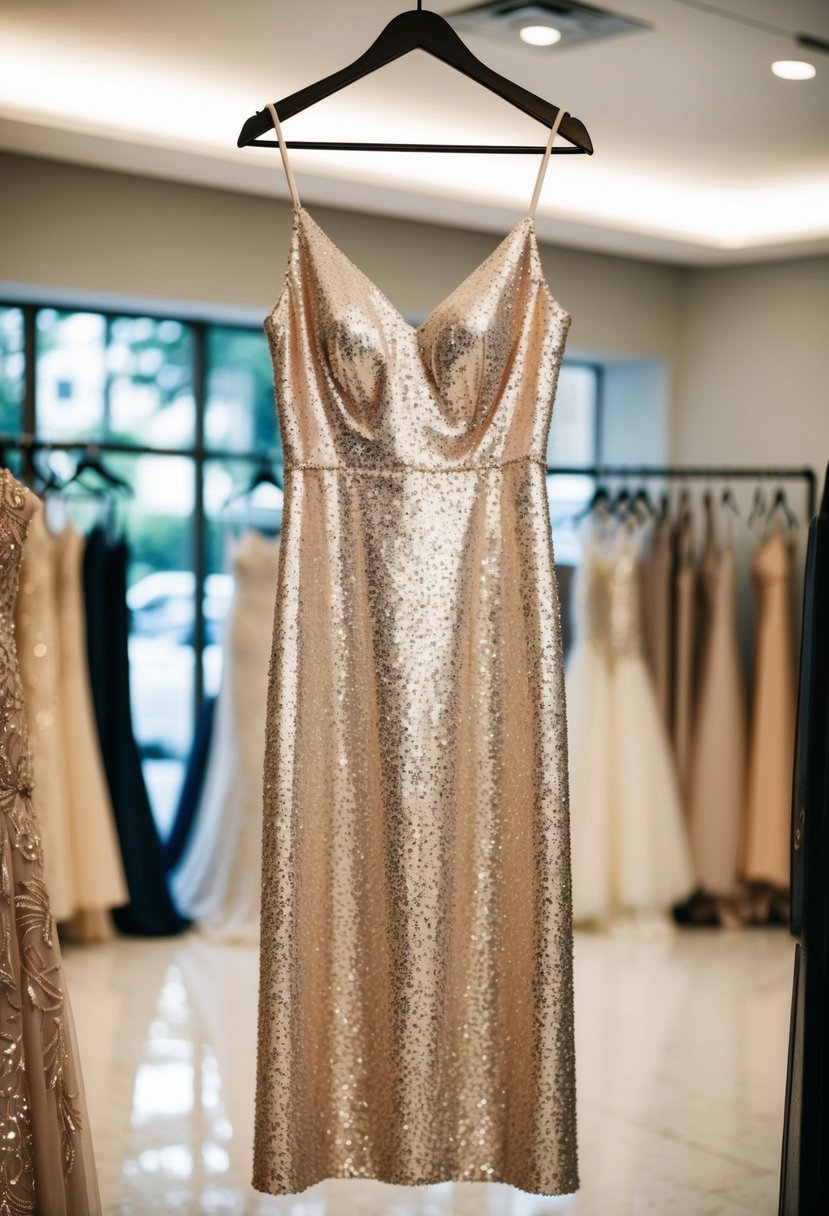 A shimmering slip dress with sequins, hanging on a hanger in a luxurious bridal boutique