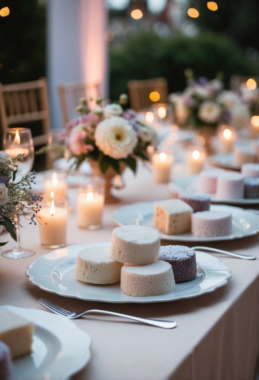 A table set with an assortment of frozen treats, surrounded by soft candlelight and delicate flowers, awaits guests at a romantic wedding