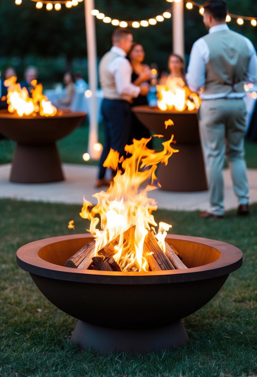 A fire pit surrounded by flickering flames, casting a warm glow on a romantic outdoor wedding reception