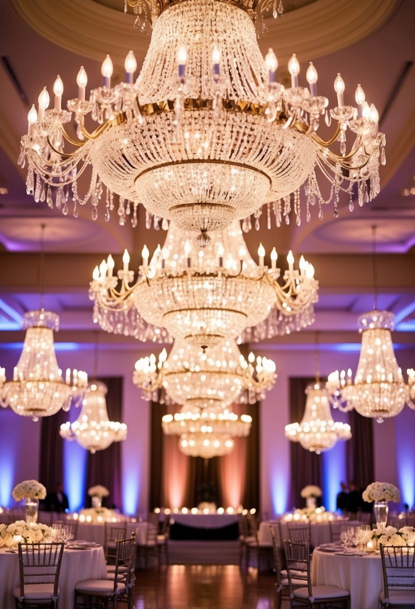 A grand ballroom adorned with sparkling crystal chandeliers, casting a warm and romantic glow over an elegant wedding reception