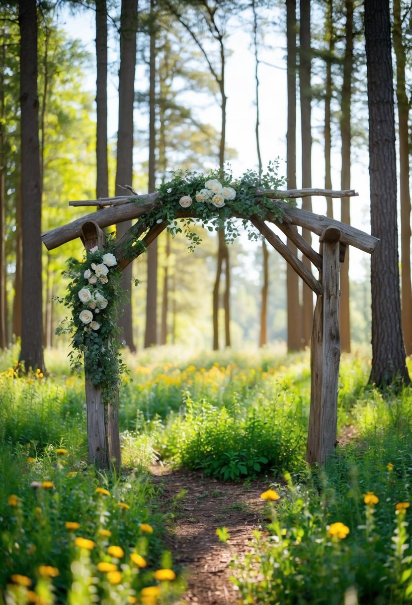 A woodland clearing with a rustic wooden arch adorned with wildflowers and greenery, surrounded by tall trees and dappled sunlight