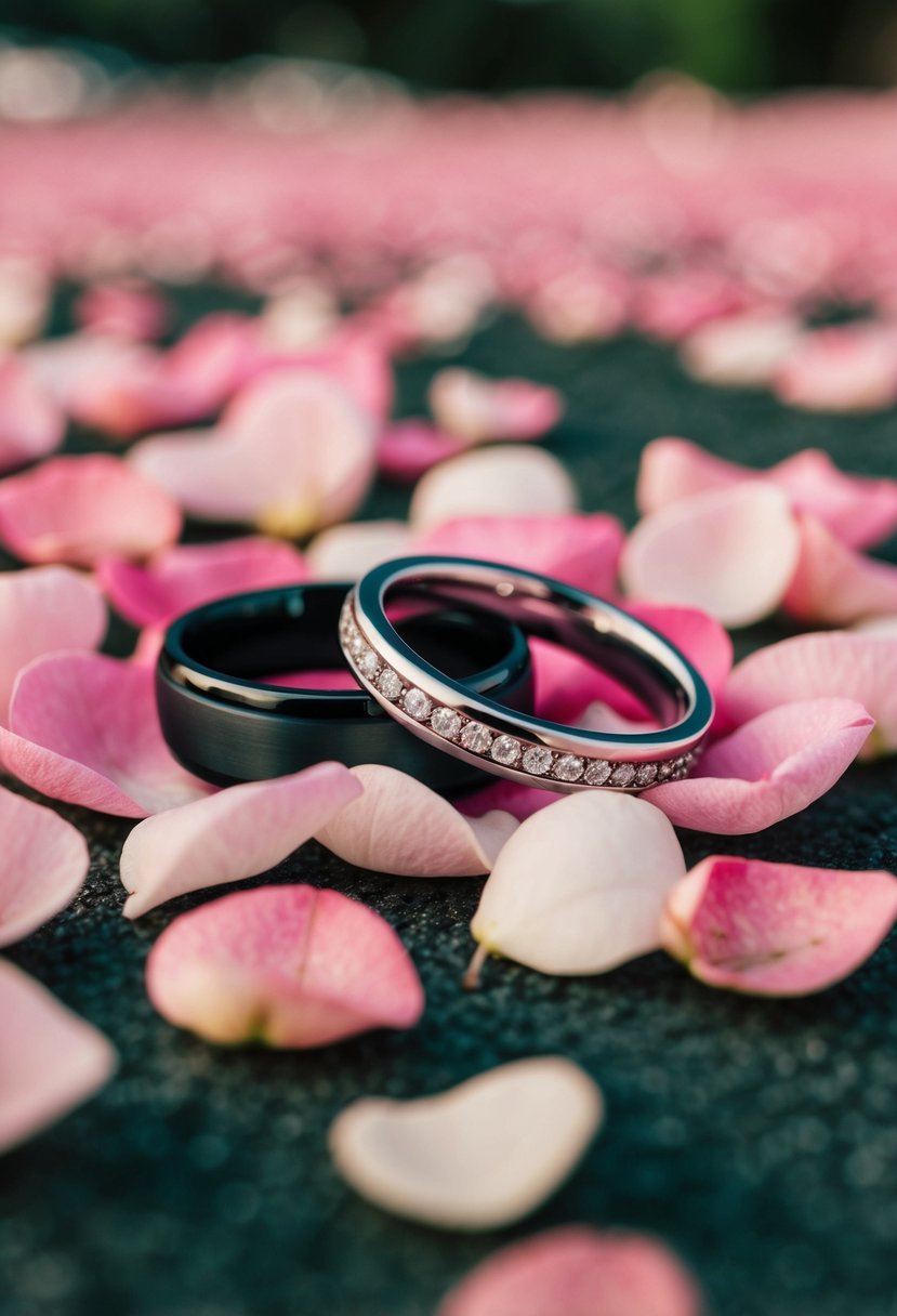 A couple's intertwined wedding rings resting on a bed of rose petals