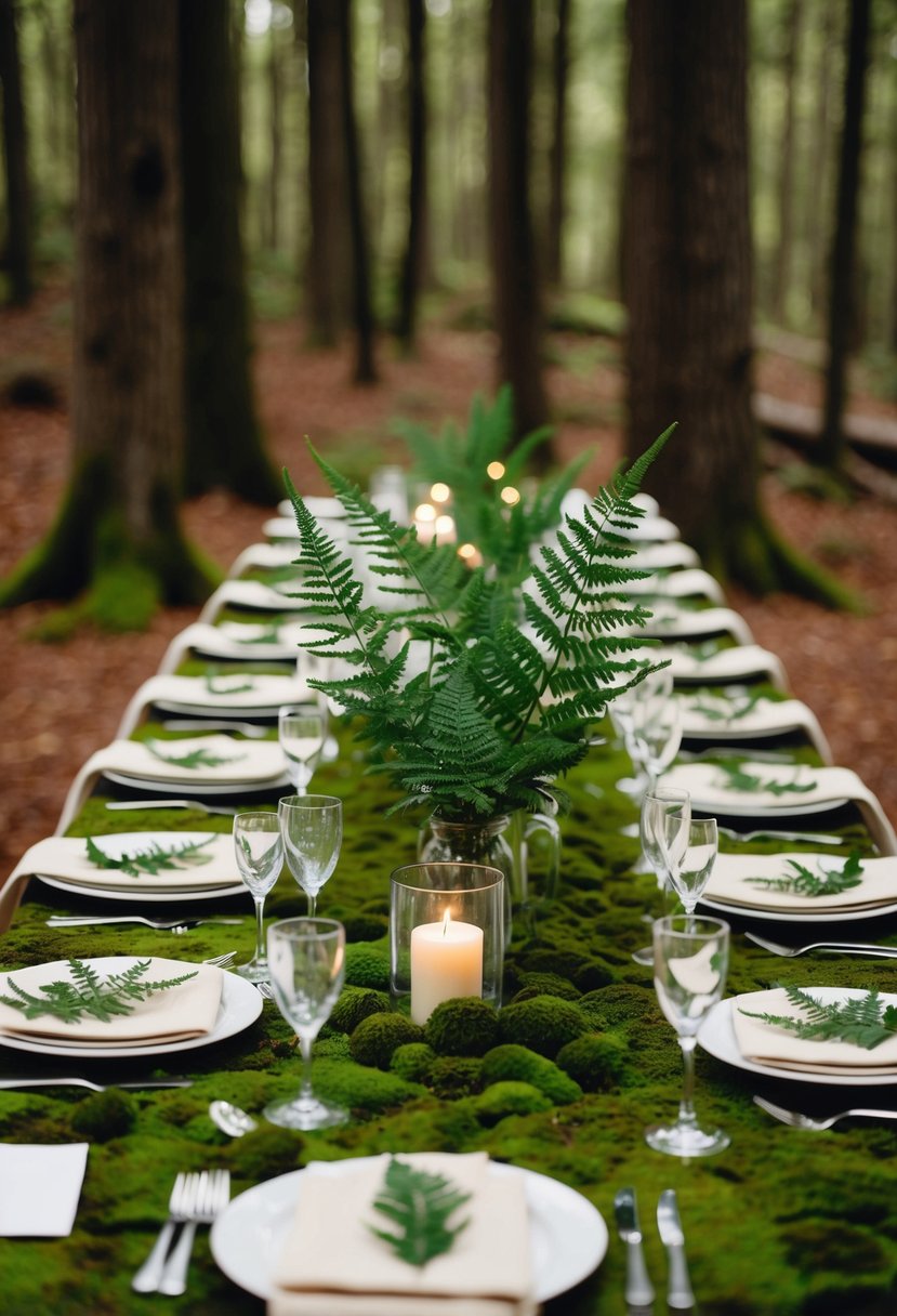 Moss-covered tables adorned with fern centerpieces in a woodland wedding setting