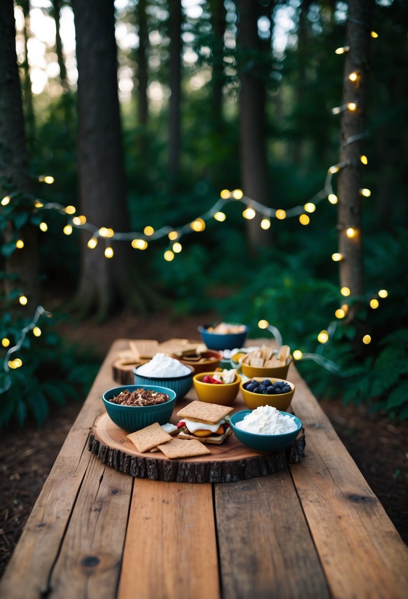 A rustic wooden table adorned with a variety of ingredients for s'mores, surrounded by twinkling fairy lights and nestled within a lush woodland setting