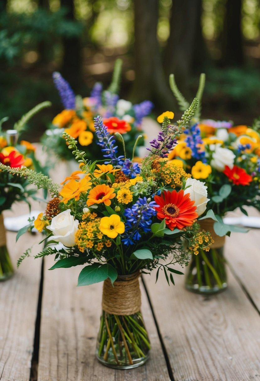 Bouquets of vibrant wildflowers adorn rustic wooden tables at a woodland wedding