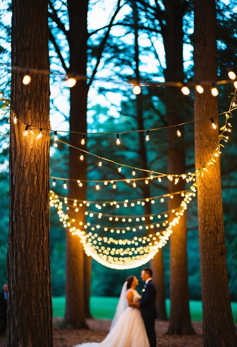 String lights twinkle through the trees, casting a magical glow over a woodland wedding scene