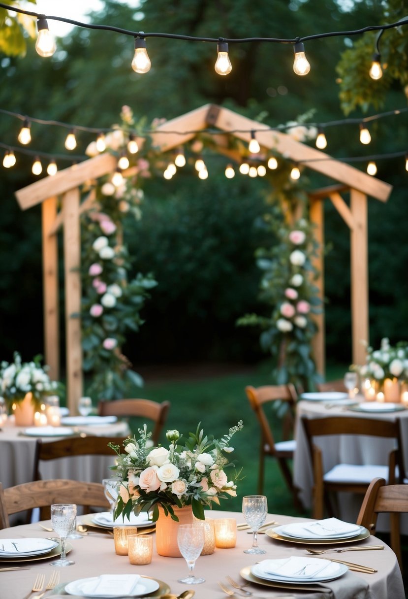 A cozy outdoor ceremony with simple floral arrangements, string lights, and a rustic wooden archway. Tables adorned with homemade centerpieces and twinkling candles