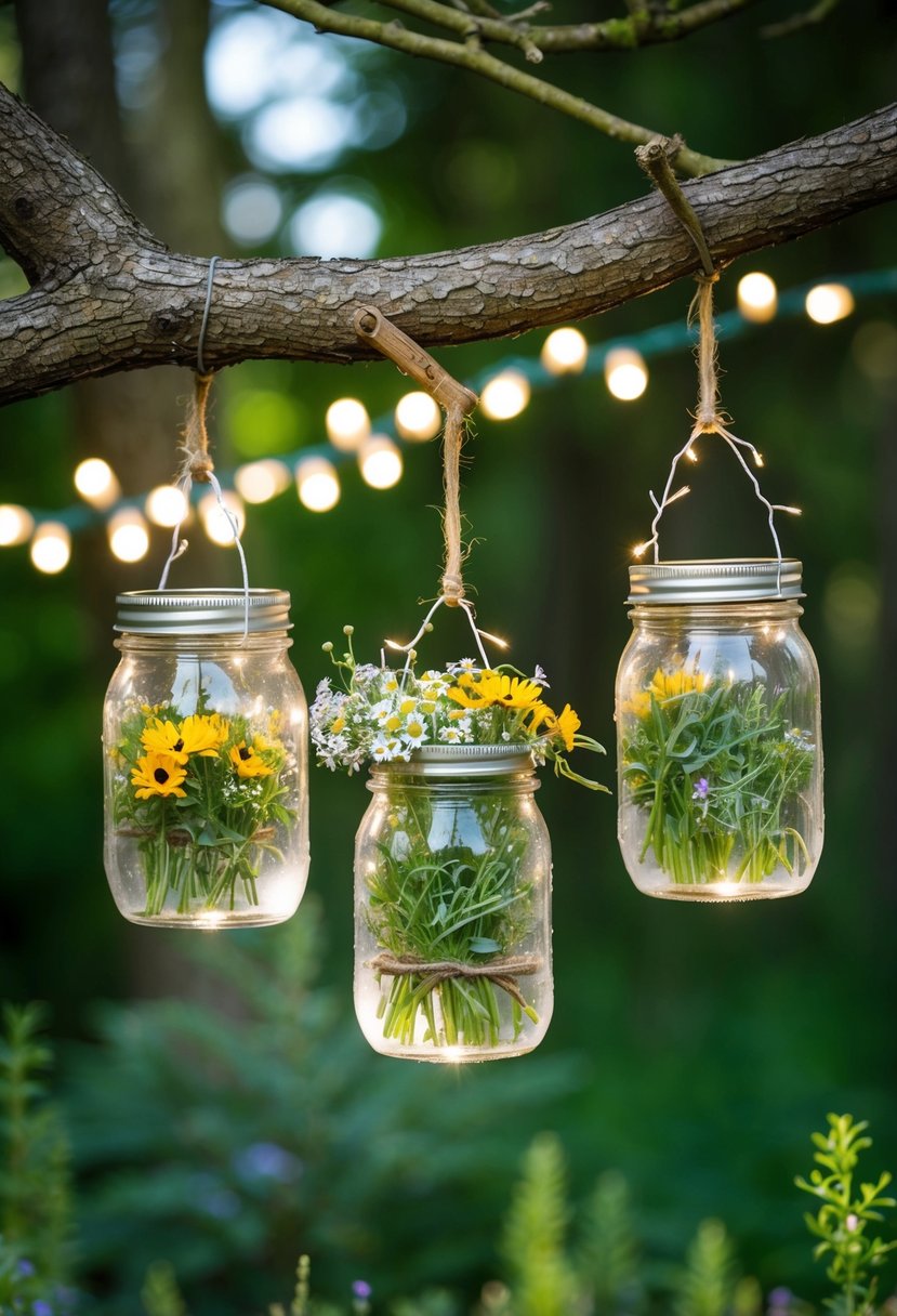 Rustic mason jars hang from tree branches, filled with wildflowers, surrounded by woodland greenery and twinkling fairy lights