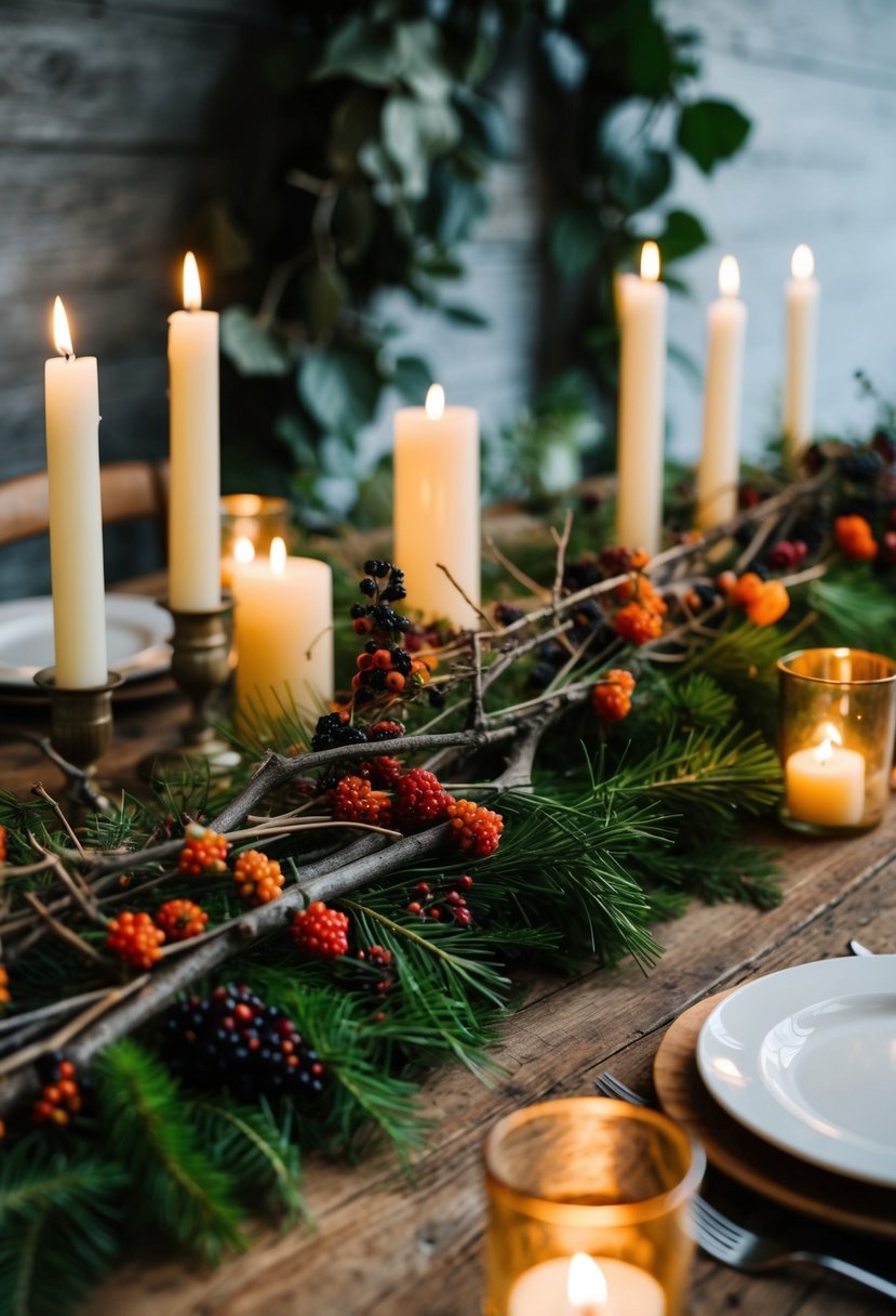 A rustic wooden table adorned with wild berries and twigs, surrounded by flickering candles and lush greenery