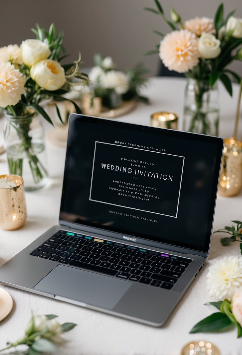 A laptop displaying a digital wedding invitation with a minimalist design, surrounded by budget-friendly decor and flowers