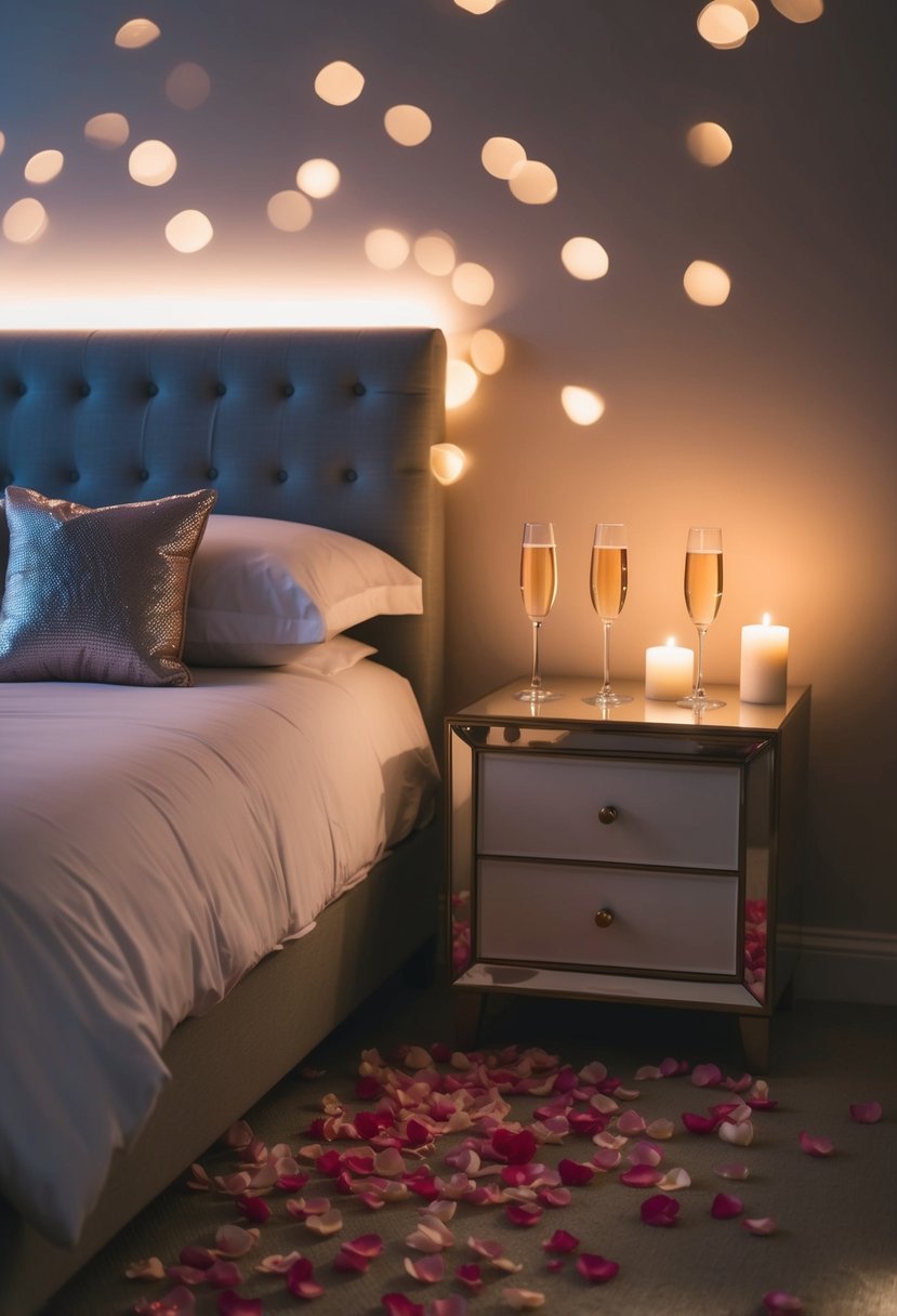 A dimly lit bedroom with rose petals scattered on the bed and floor, champagne glasses on the nightstand, and a soft glow from candles