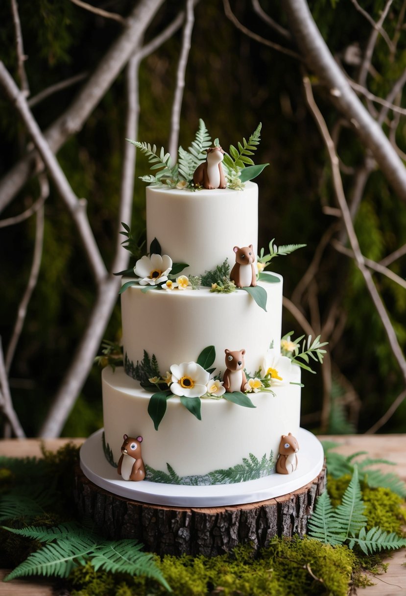 A three-tiered wedding cake adorned with edible flowers, leaves, and woodland creatures, set against a backdrop of moss, ferns, and twigs