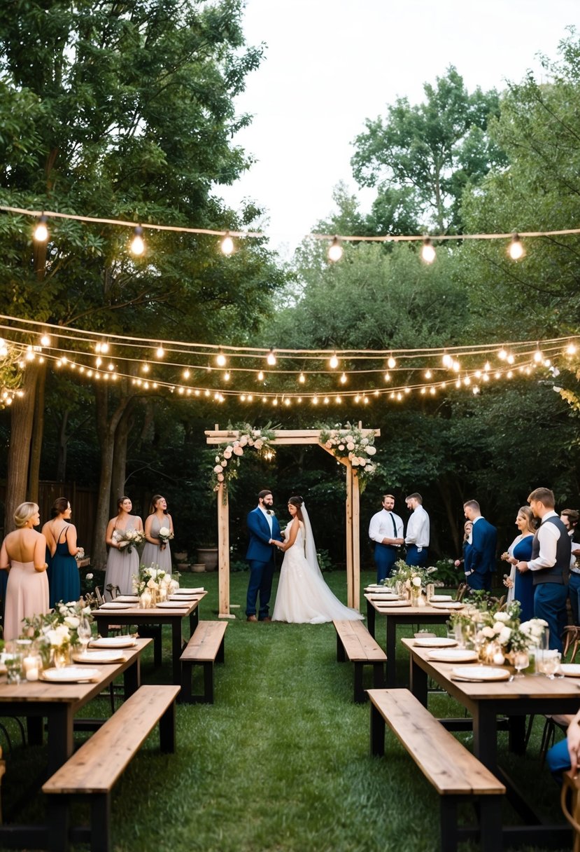 A quaint backyard wedding with string lights, rustic wooden seating, and a simple arch adorned with flowers. Tables are set with minimalistic centerpieces and guests mingle under a canopy of trees