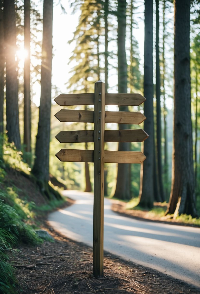 A winding forest path with wooden signs pointing in different directions, surrounded by towering trees and dappled sunlight