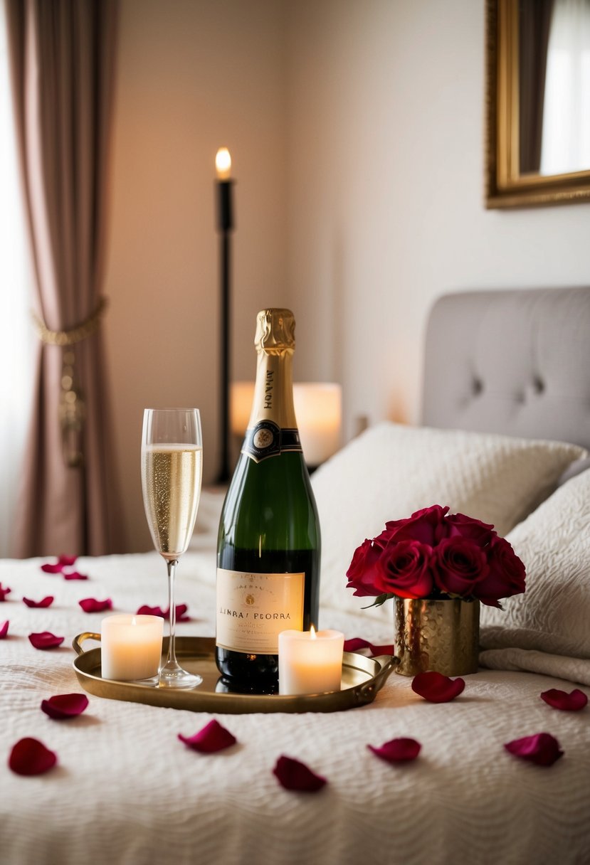 A cozy bedroom with soft candlelight, a bottle of champagne on ice, and a bed adorned with rose petals