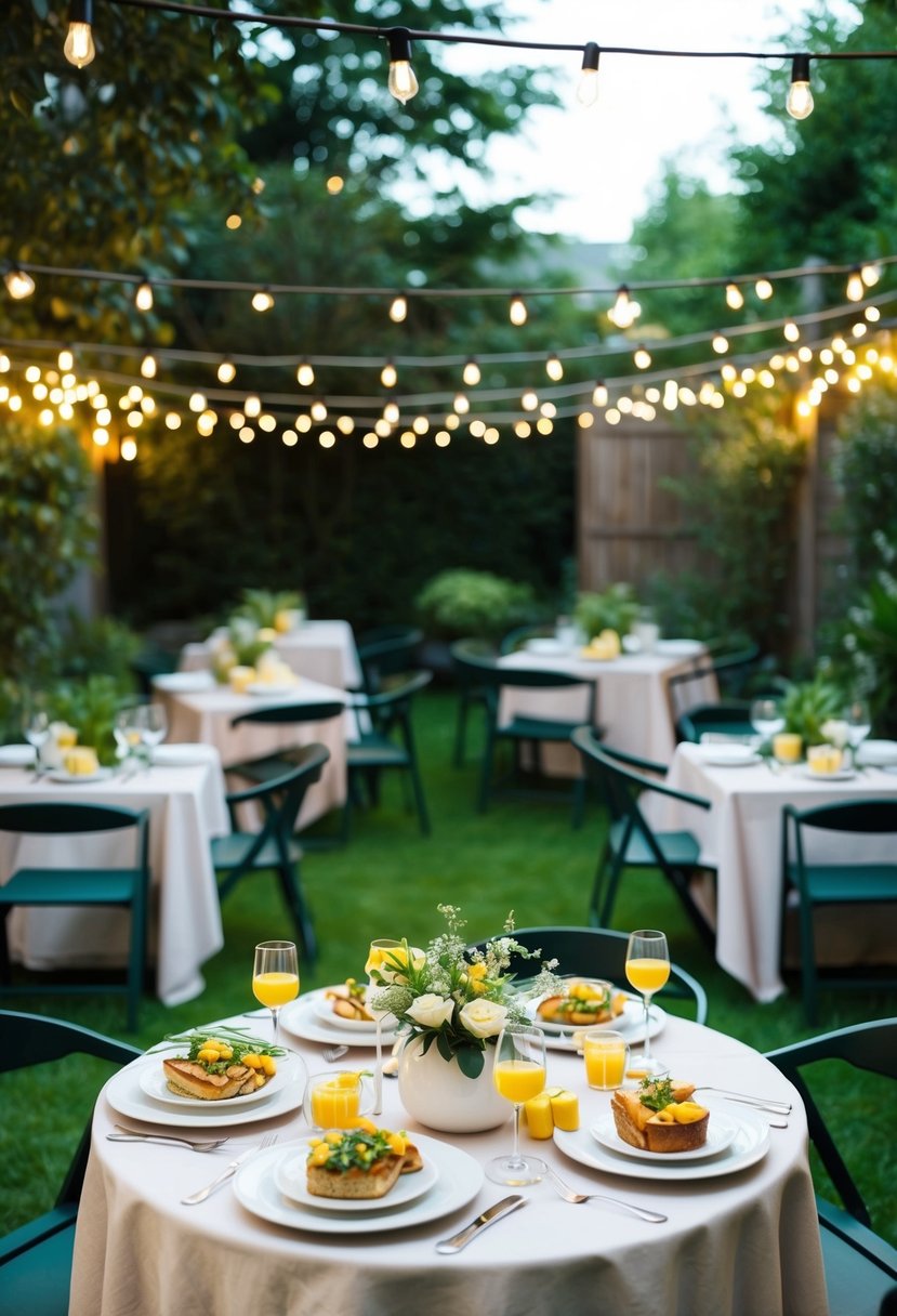 A cozy outdoor garden with bistro tables and string lights. A spread of elegant but simple brunch dishes on a budget-friendly buffet table