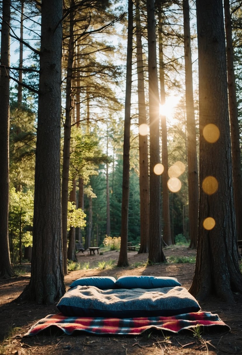 A cozy blanket seating area nestled in a woodland clearing, surrounded by towering trees and dappled sunlight filtering through the branches