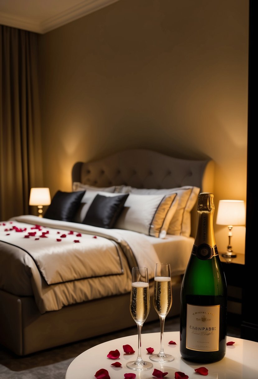 A dimly lit bedroom with soft, warm lighting. A bed with luxurious bedding and scattered rose petals. A bottle of champagne on ice and two glasses on a nearby table