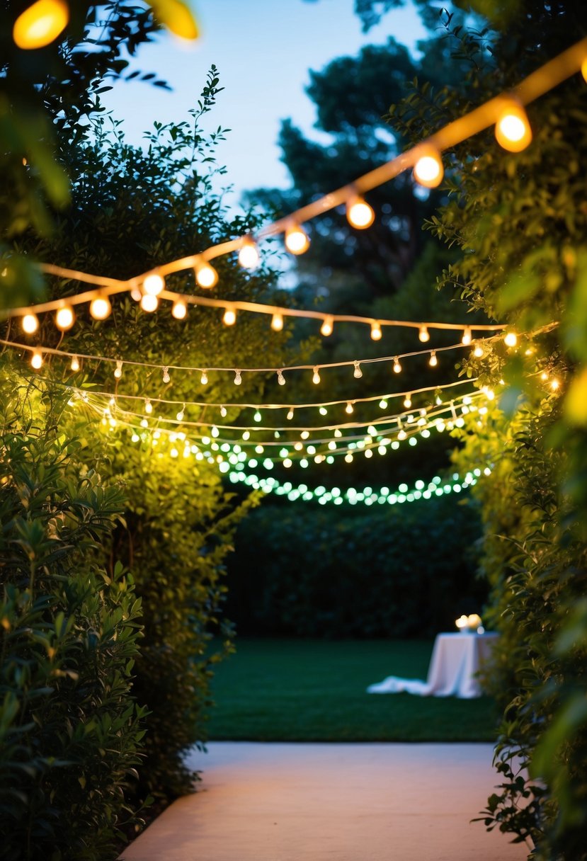 String lights weave through lush greenery, casting a warm glow over an intimate wedding setting