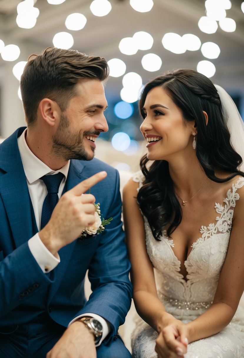 A couple sitting face to face, gesturing and smiling as they discuss their expectations for their wedding night