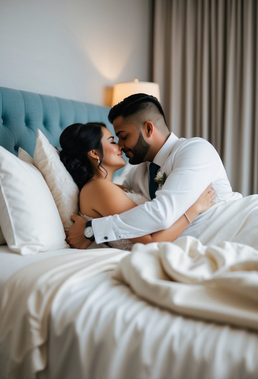 A couple embraces tenderly in a softly lit bedroom, showing patience and gentleness on their wedding night