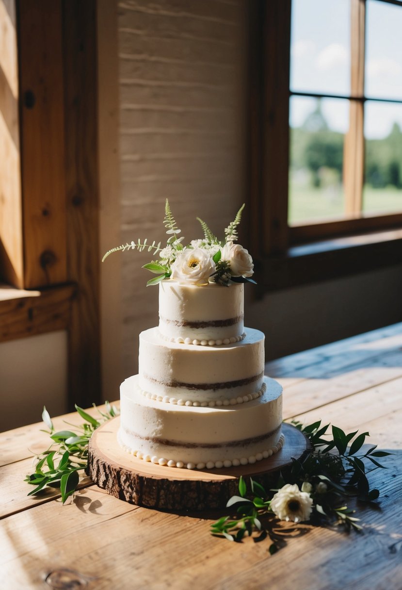 A small, three-tiered wedding cake on a rustic wooden table, adorned with fresh flowers and simple greenery. Sunlight streaming in from a nearby window