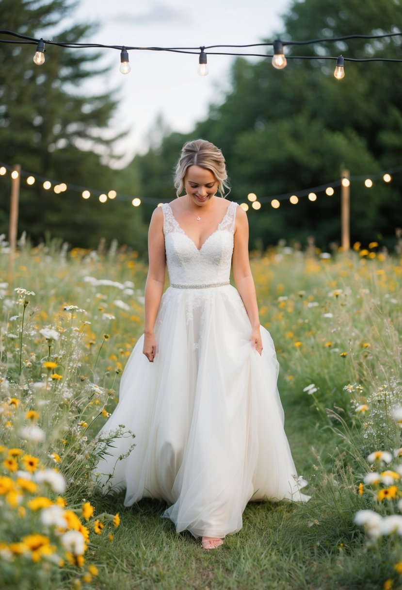 A rustic outdoor wedding with a bride in a pre-owned wedding dress, surrounded by wildflowers and twinkling fairy lights