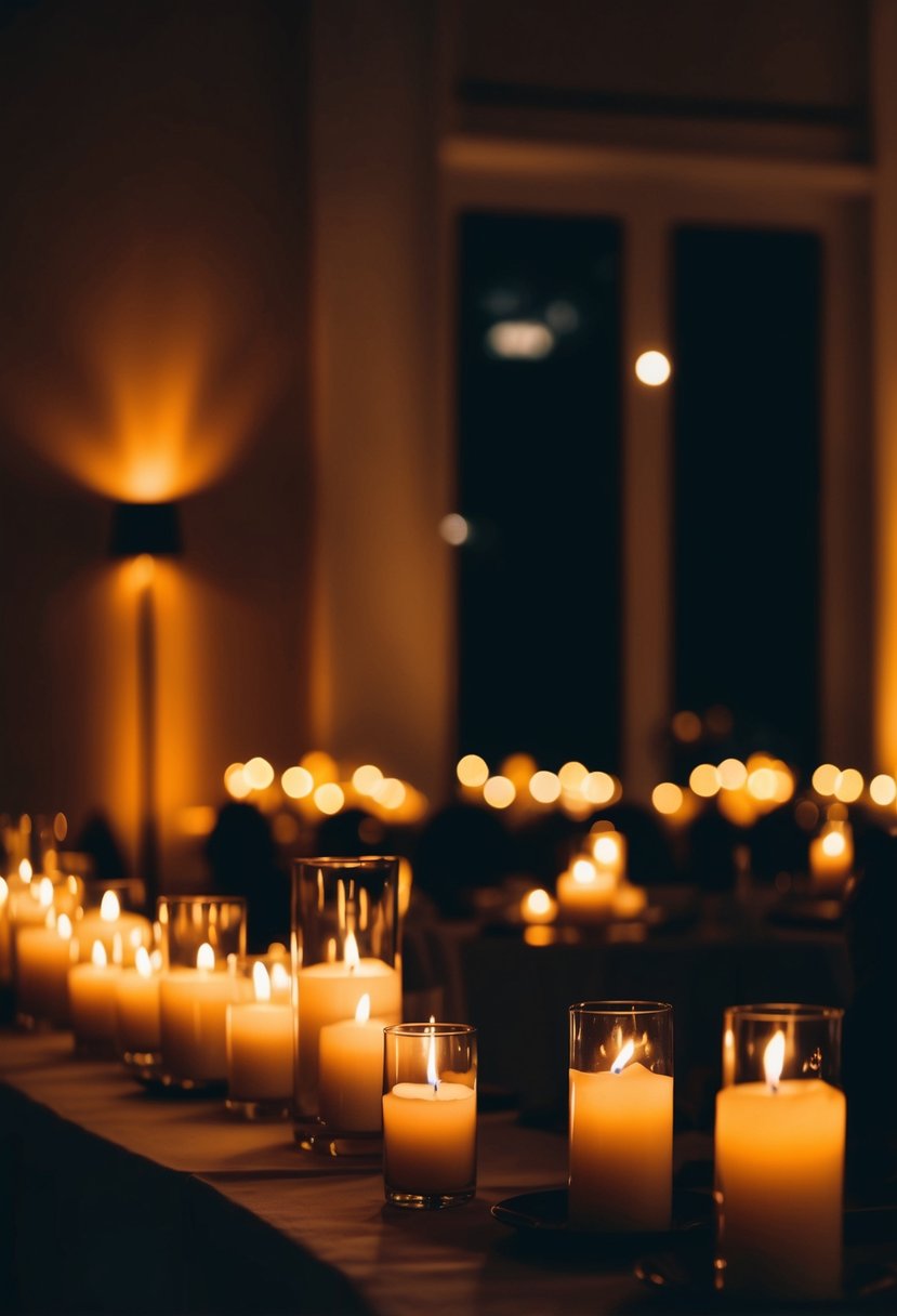 A dimly lit room with flickering candles casting a warm glow, creating a romantic ambiance for a wedding night