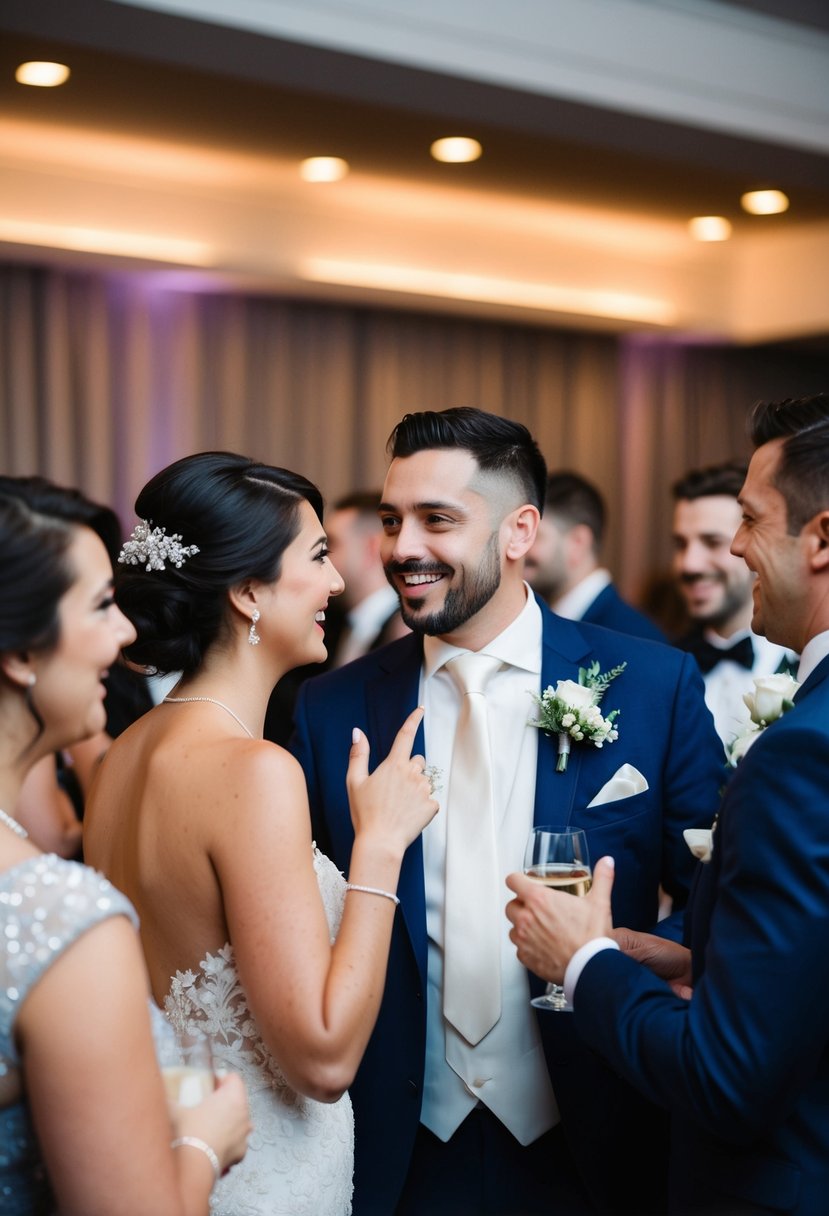 Guests mingling at a wedding reception, exchanging coy glances and playful gestures. The air is filled with anticipation and excitement for the upcoming wedding night