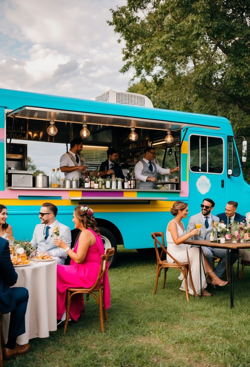 A colorful food truck parked at a rustic outdoor wedding venue, with guests enjoying a variety of delicious dishes and drinks