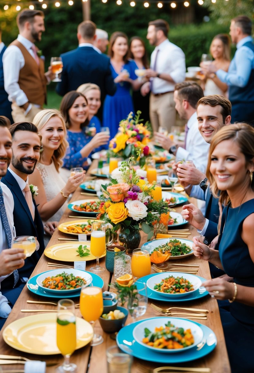 A table filled with colorful dishes and beverages, surrounded by happy guests mingling and sharing food at a cozy backyard wedding reception