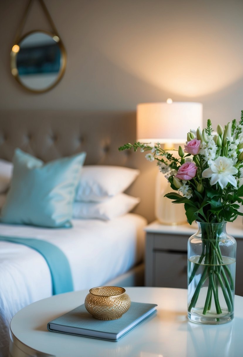 A serene setting with soft lighting, a comfortable bed, and a vase of fresh flowers, creating a peaceful atmosphere for relaxation