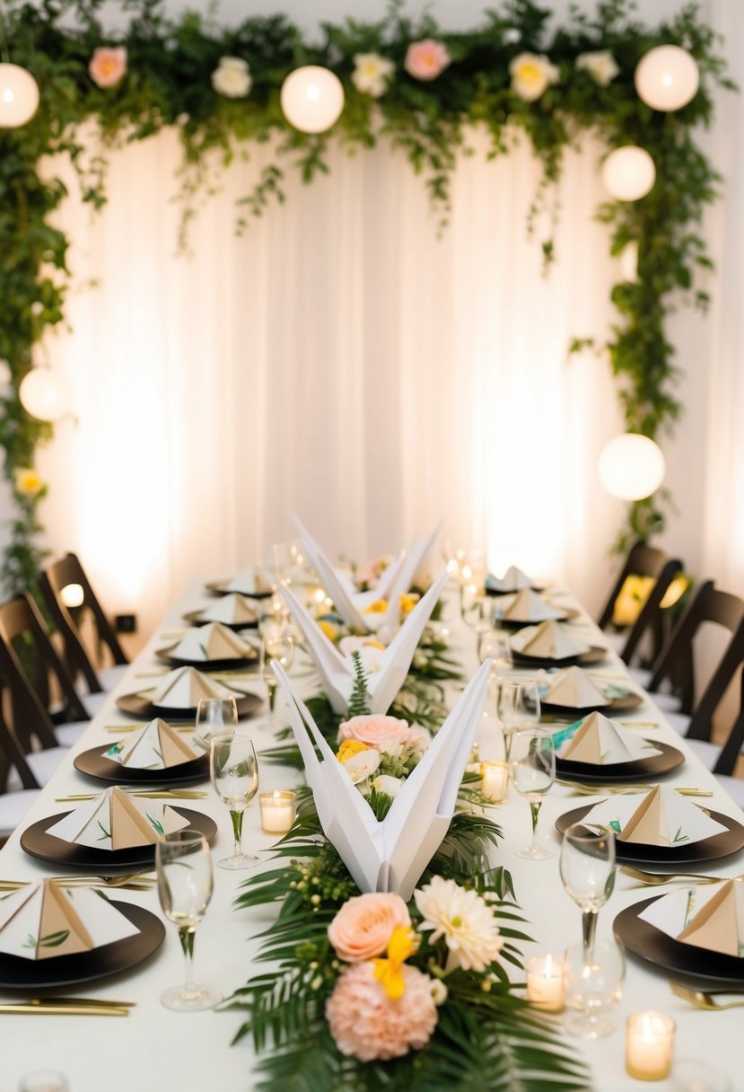 A table adorned with origami decorations, including paper cranes, flowers, and geometric shapes. A backdrop of soft lighting and greenery completes the intimate wedding setting